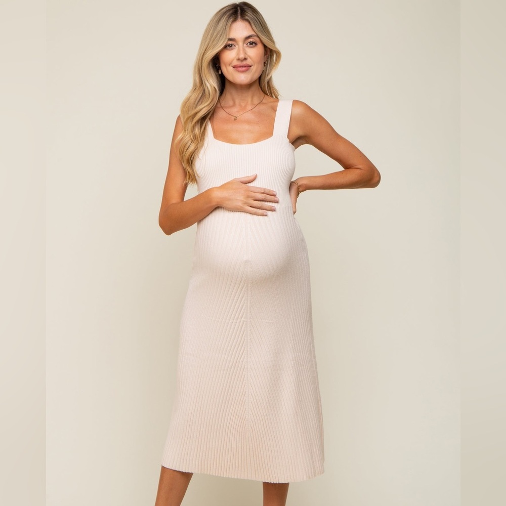 Pinkblush Cream Ribbed Maternity Midi Dress